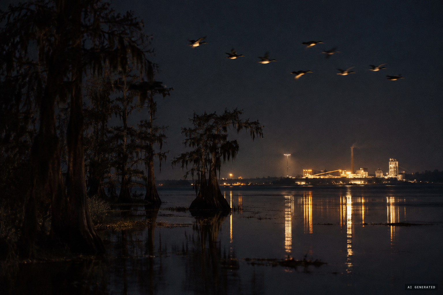 The skeptic's idea: migrating ducks lit gold by the plant's lights