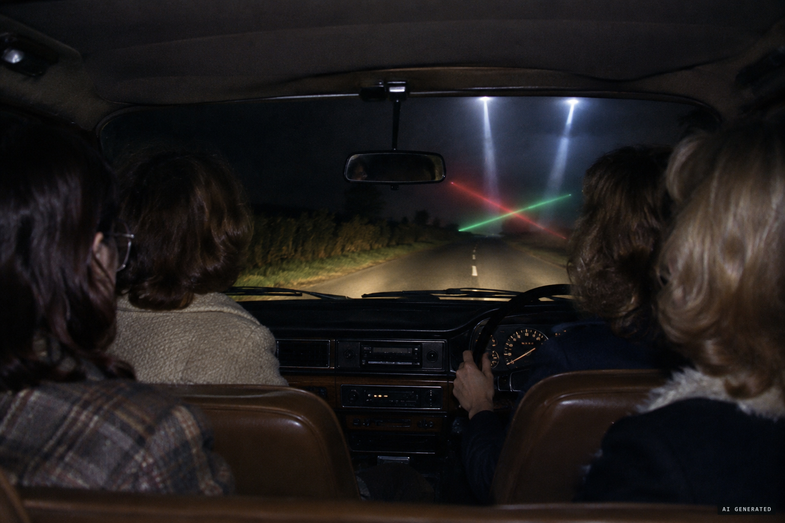 Near Preston Capes, four women see beams from a cloud and red and green lights crossing the road