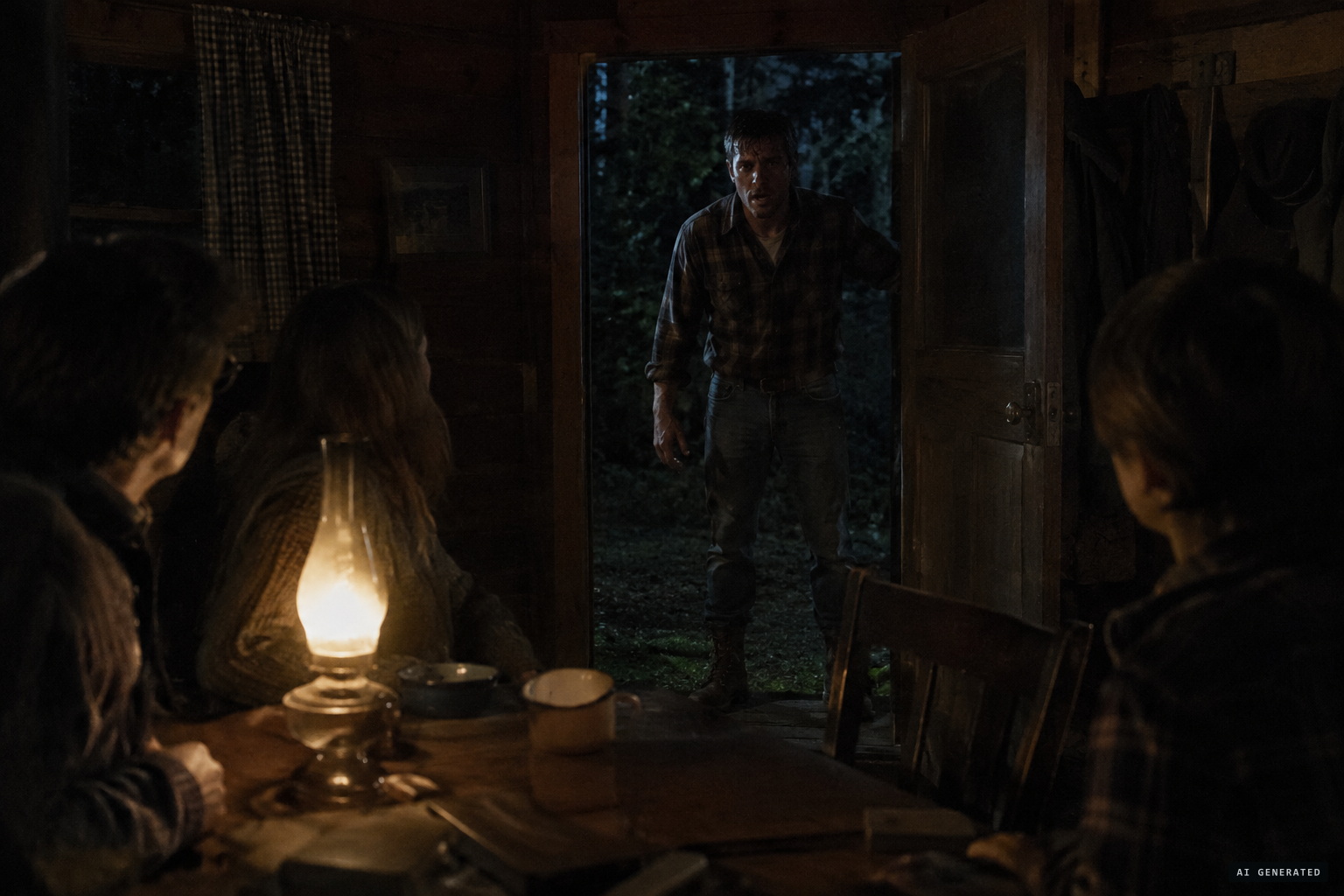 Late at night, a frantic man arrives at the cabin with news of three bodies