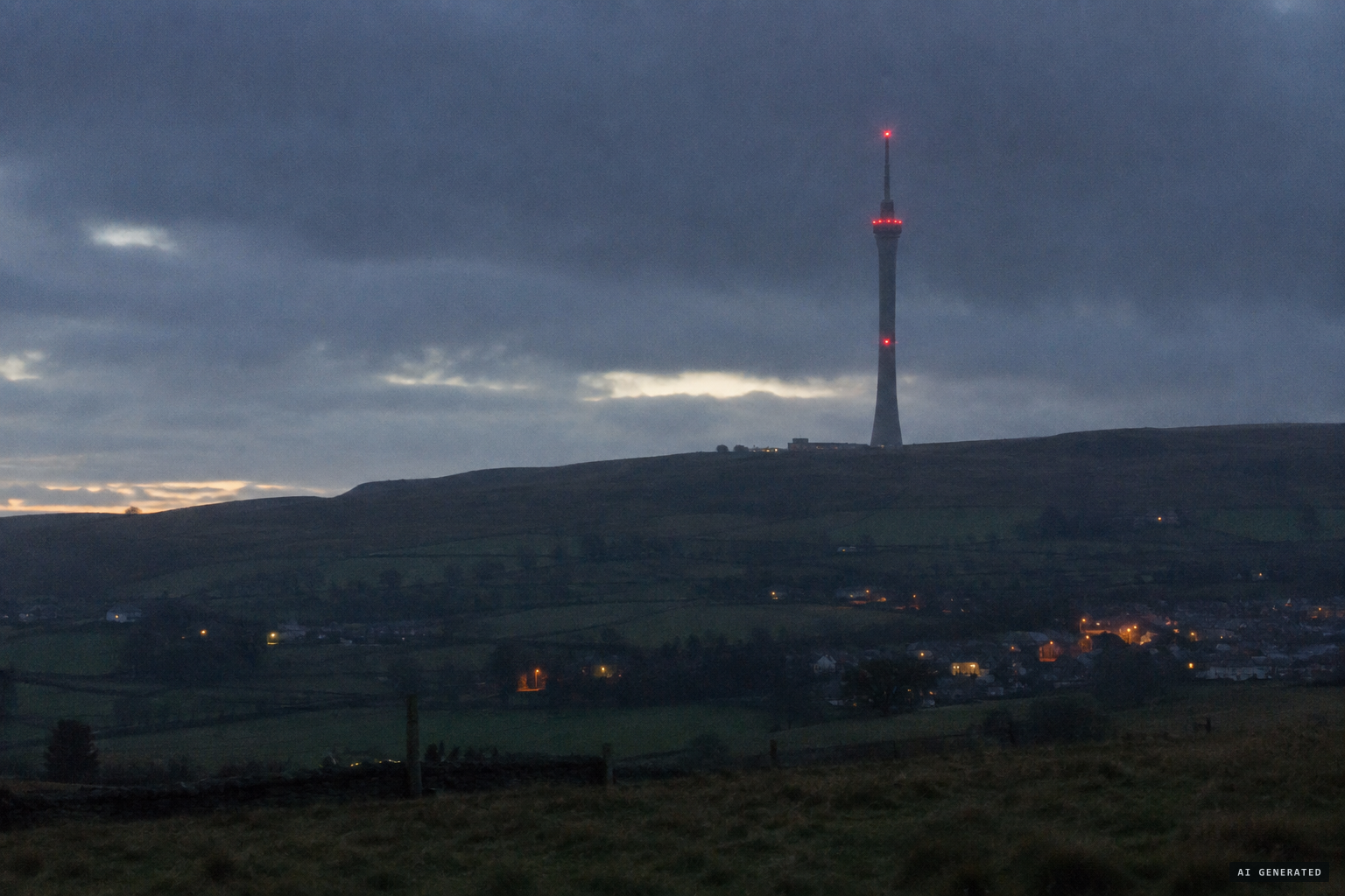 The 1,047-foot Emley Moor mast above the hills near Huddersfield