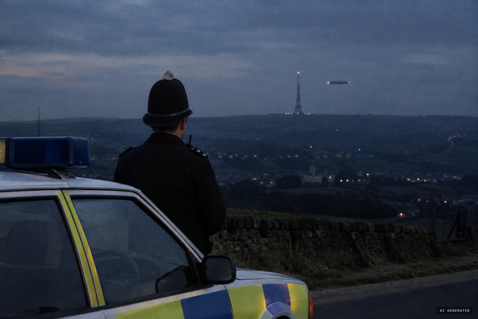 A silent, static cylinder with a white light at each end beside Emley Moor mast