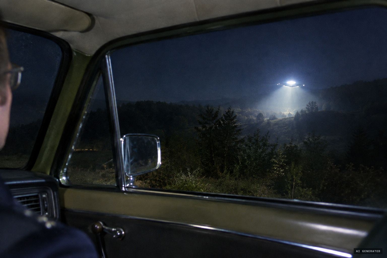 To the right of the car, the object comes down with a strongly shining rotating light