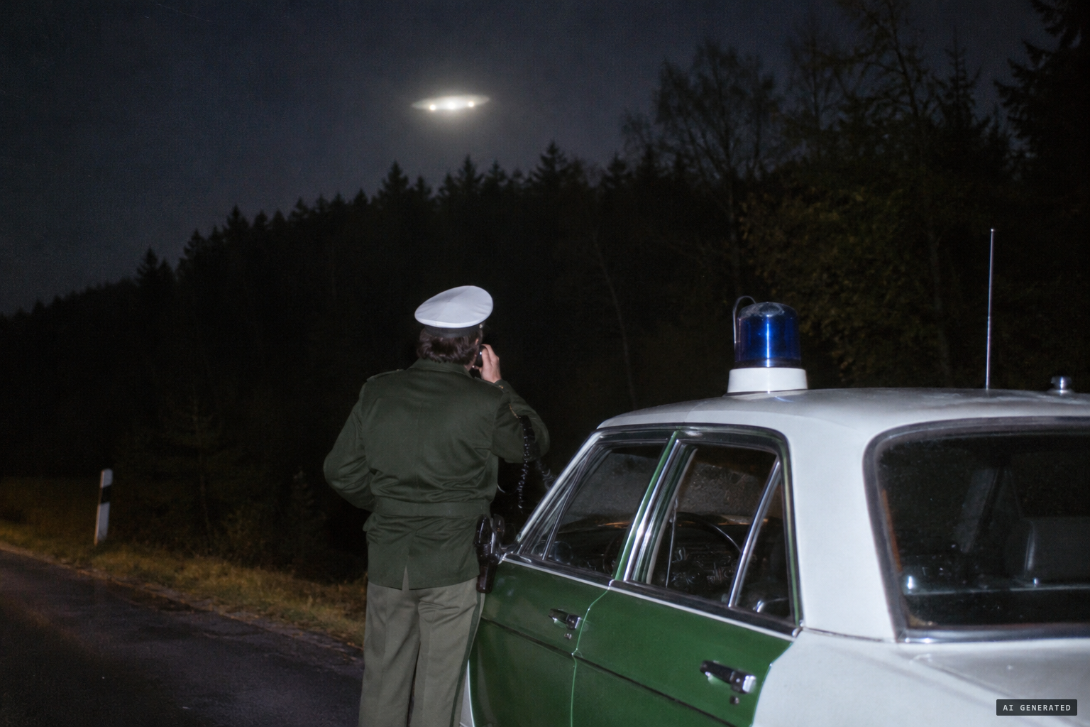 The object hovers over a wooded hill while the officers radio for backup