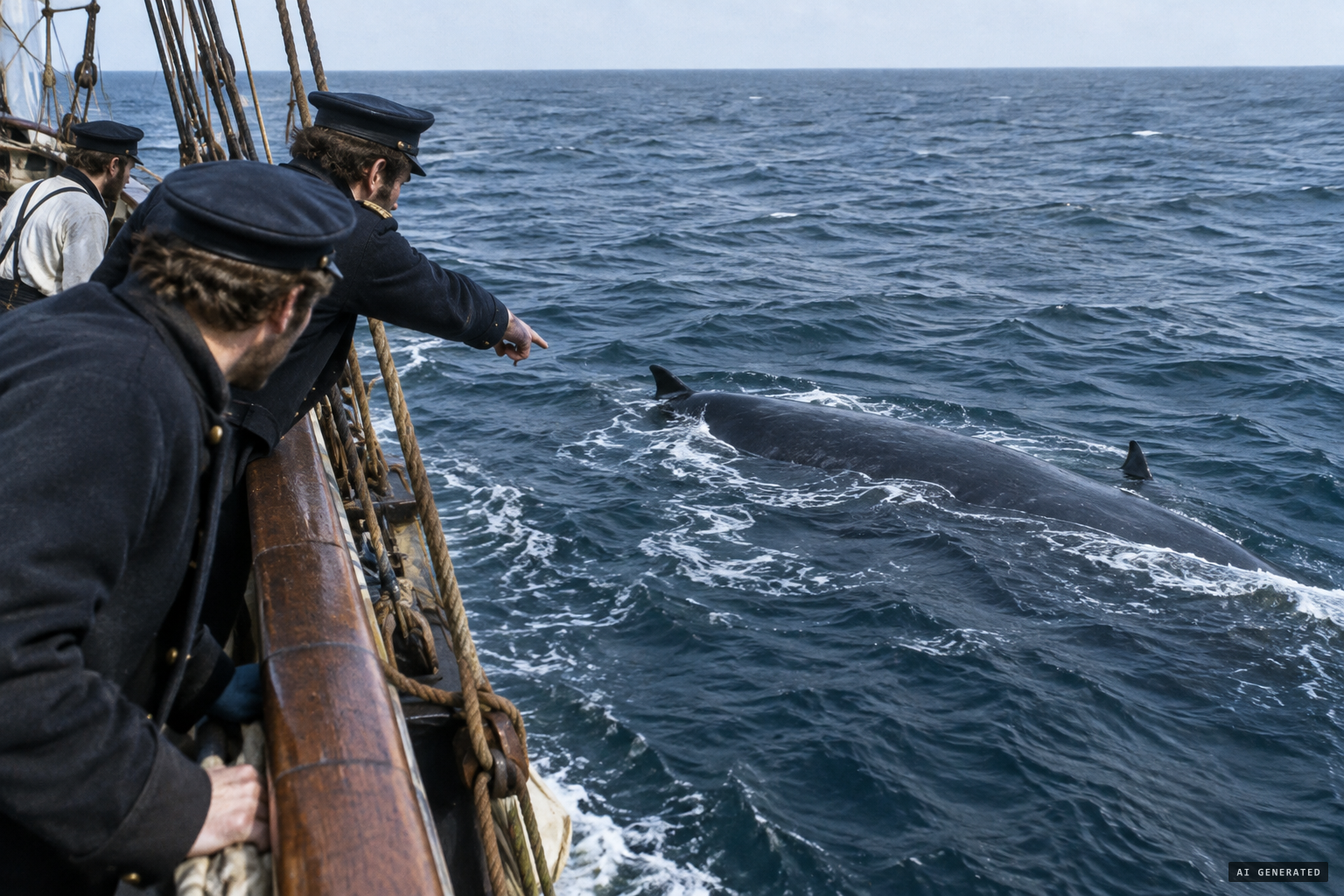 A whale with two dorsal fins swims remarkably close to the ship