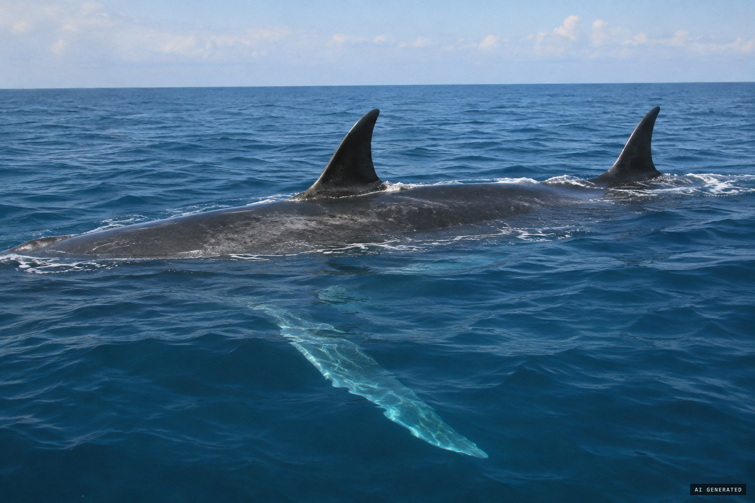 The two dorsal fins, two metres apart, and the sickle-shaped flippers