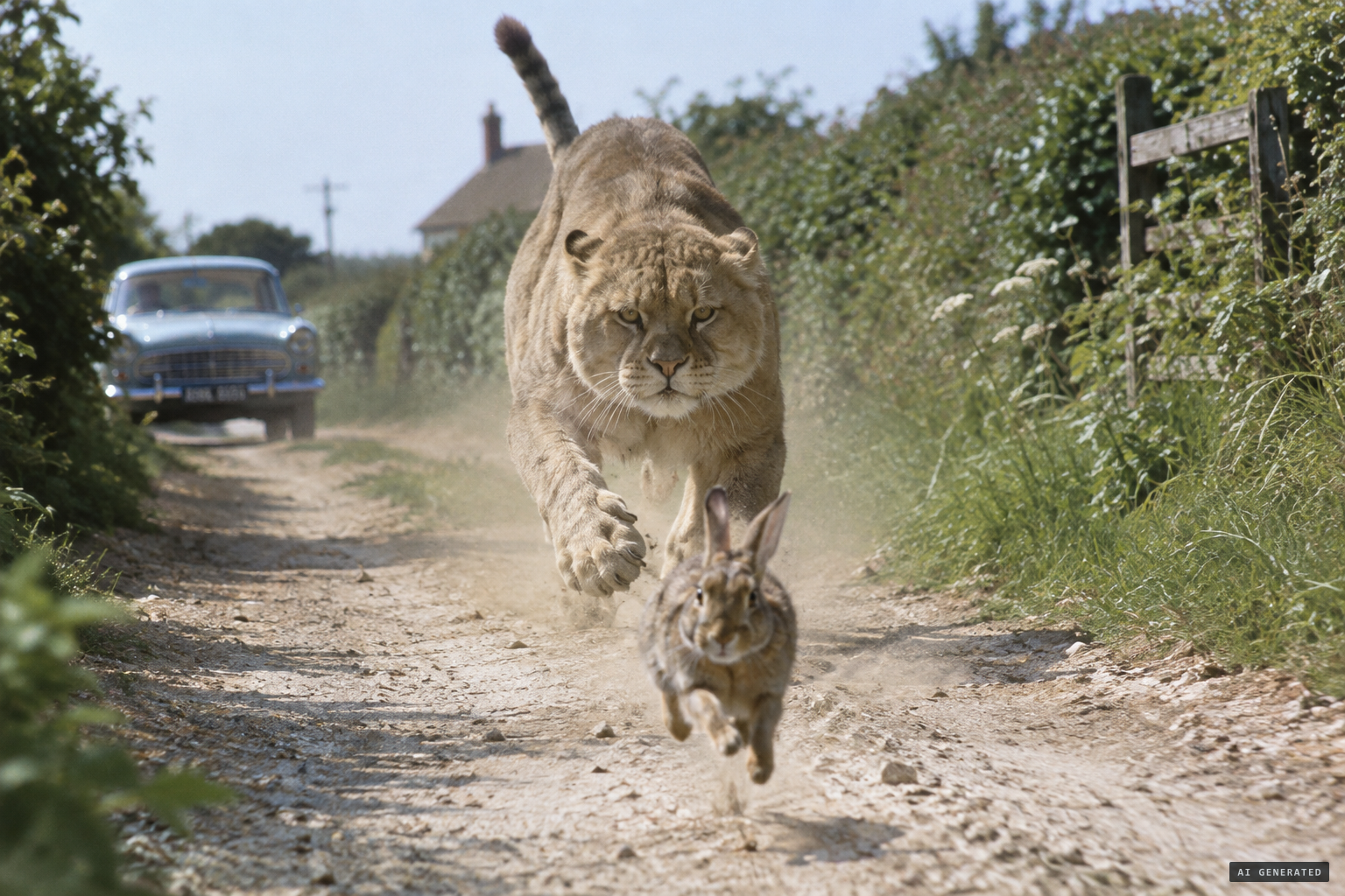 A huge cat-like animal chases a rabbit down the lane toward him