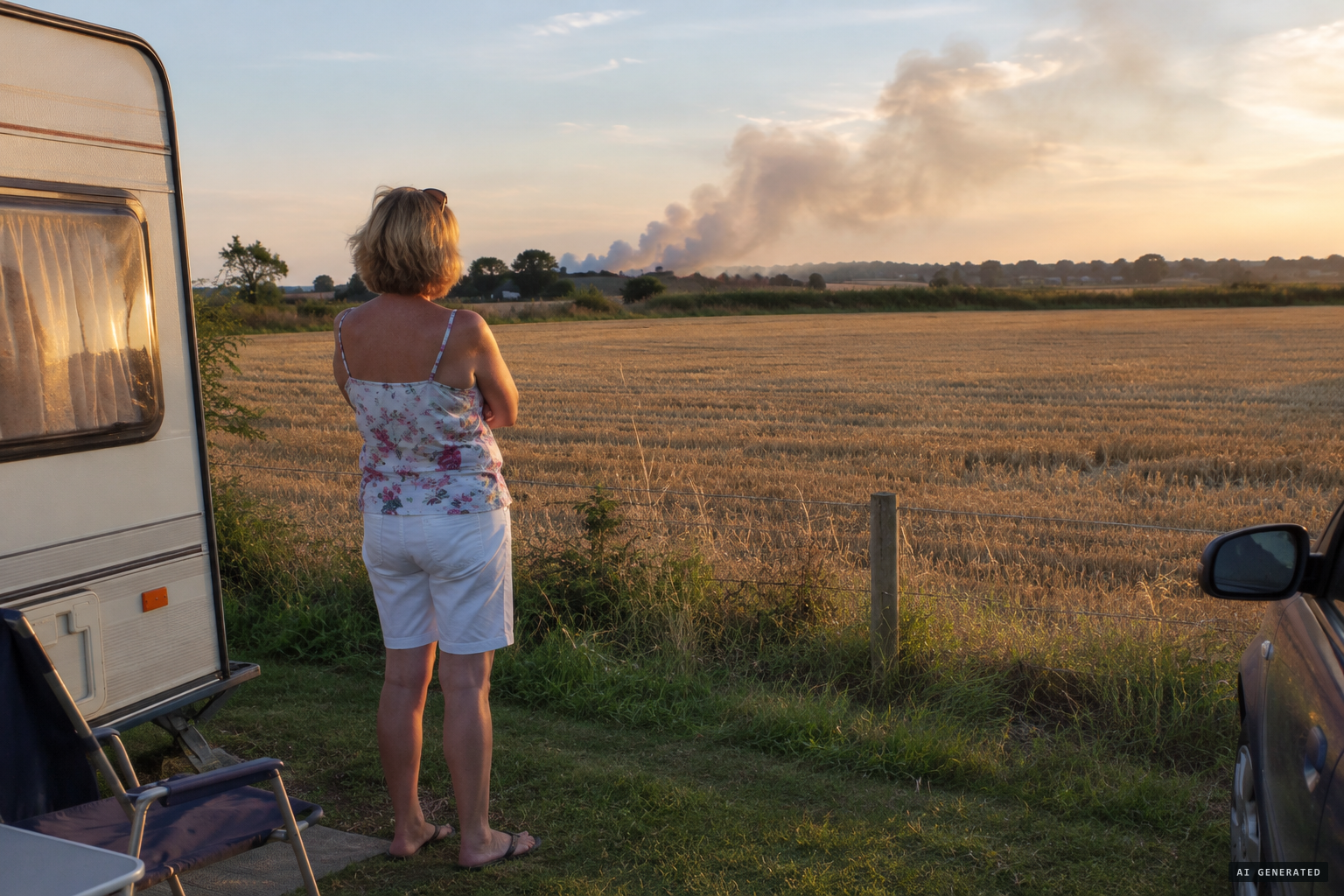 Denise Martin goes out to look at smoke rising over the field