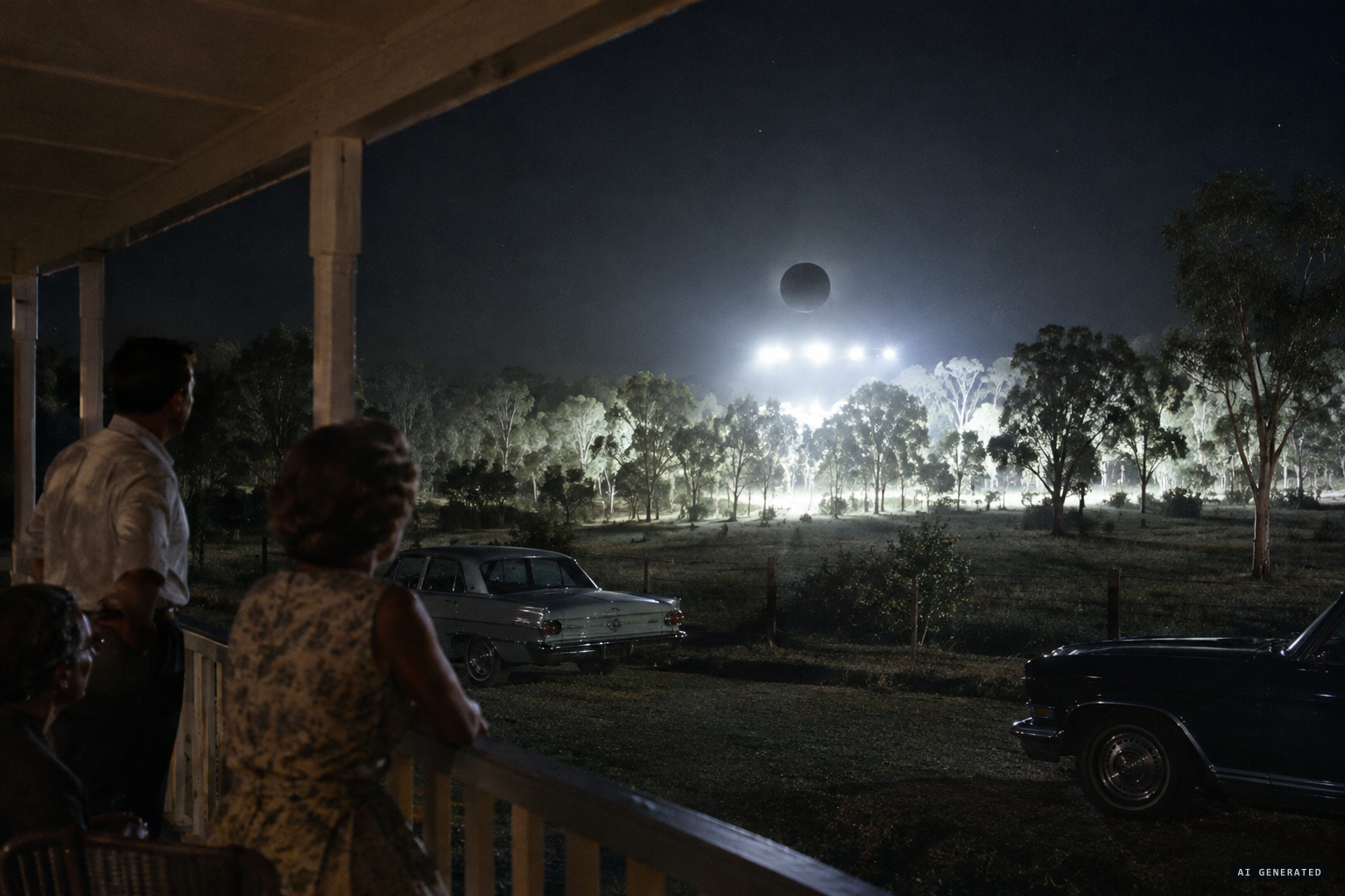 The black disc rises and hovers over the trees, its lights flooding the ground