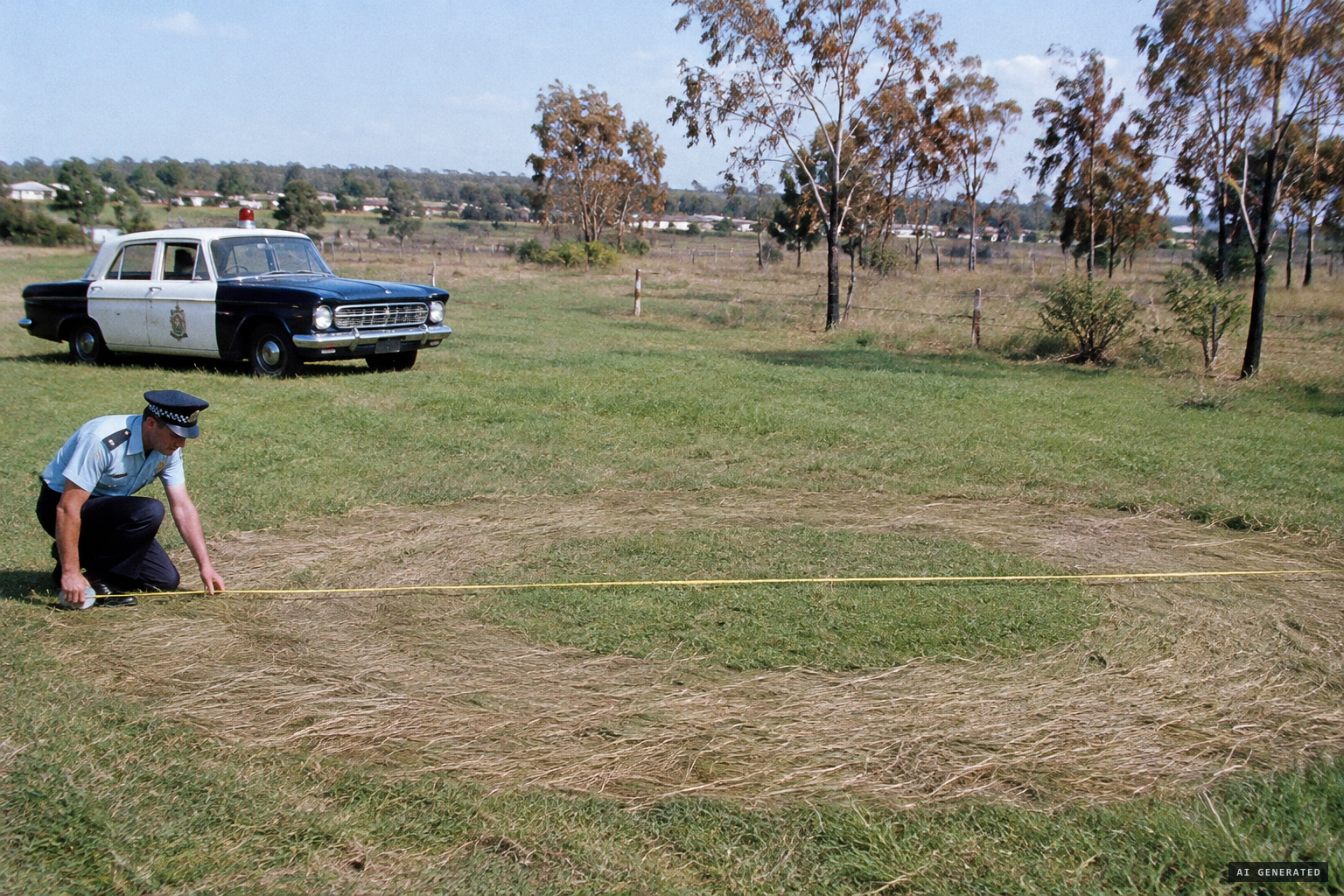 Police measure the ring: twenty six feet four inches across