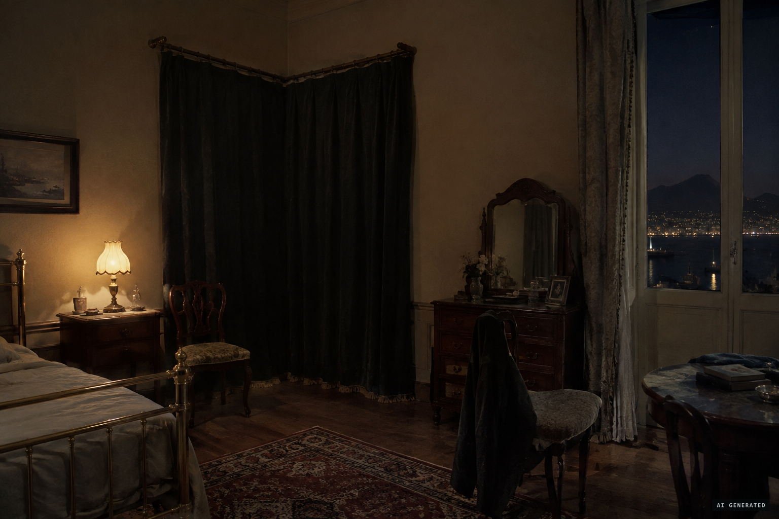 The cabinet of black curtains across a corner of Feilding's bedroom