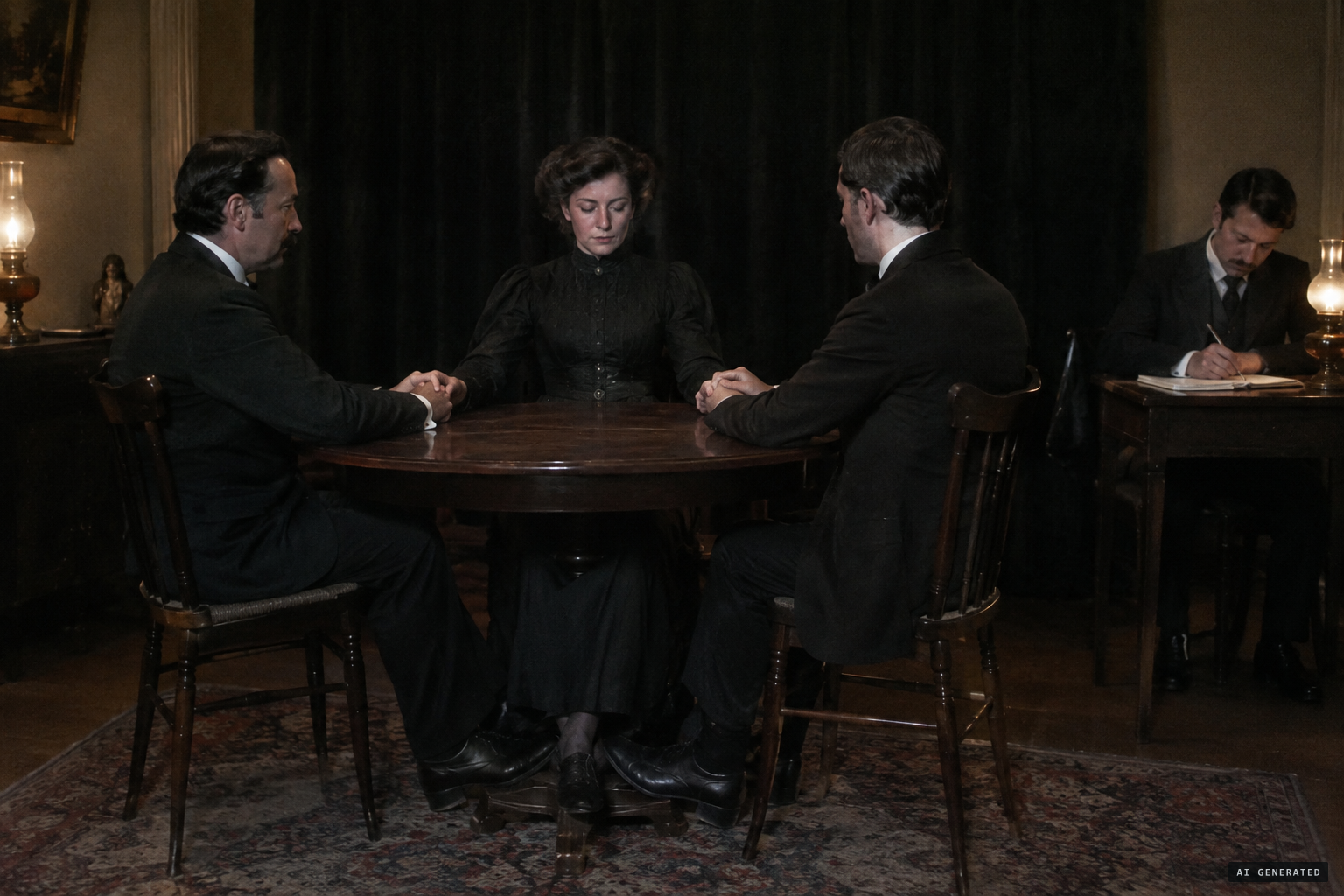 Palladino controlled at hand and foot while a stenographer records
