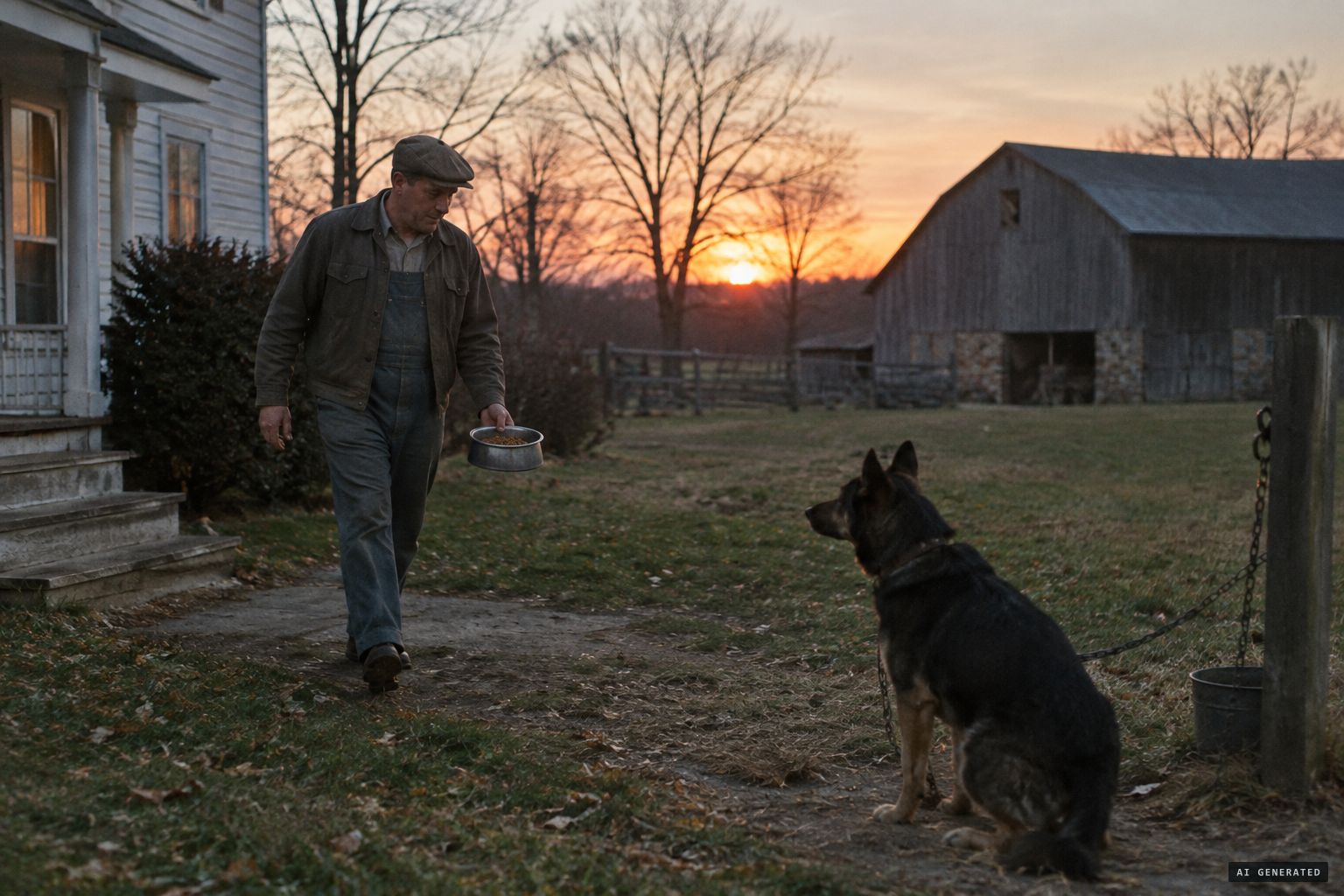 Home from work, John Trasco goes out to feed King at dusk