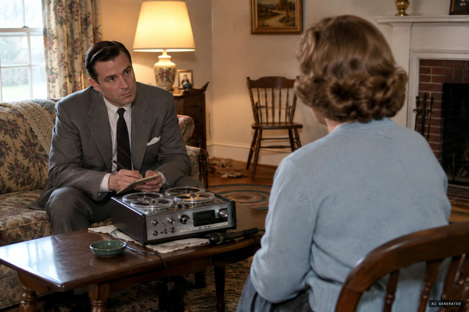 Dick Harpster interviews Mrs. Trasco and records the conversation