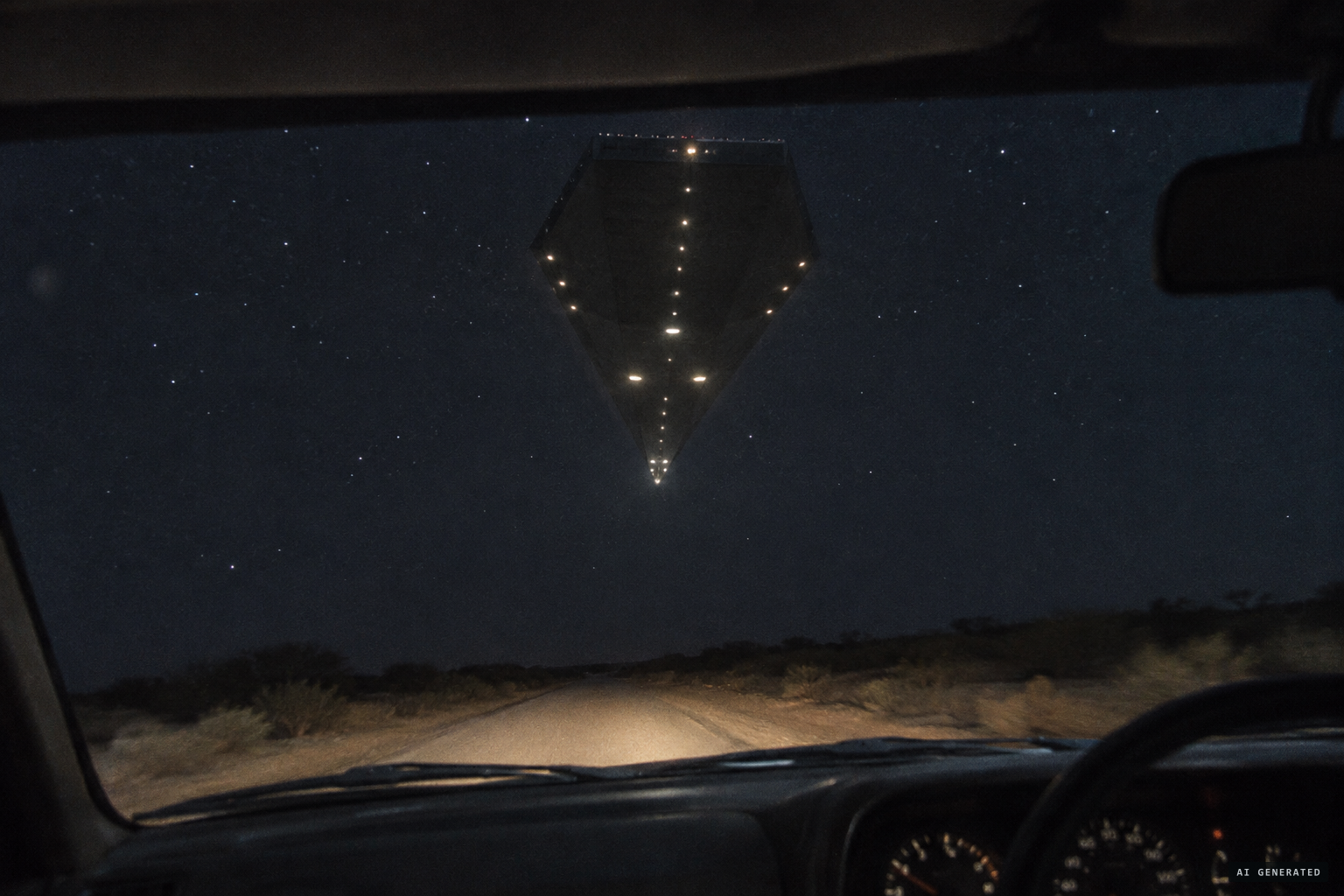 The diamond-shaped craft hovering straight above the vehicle