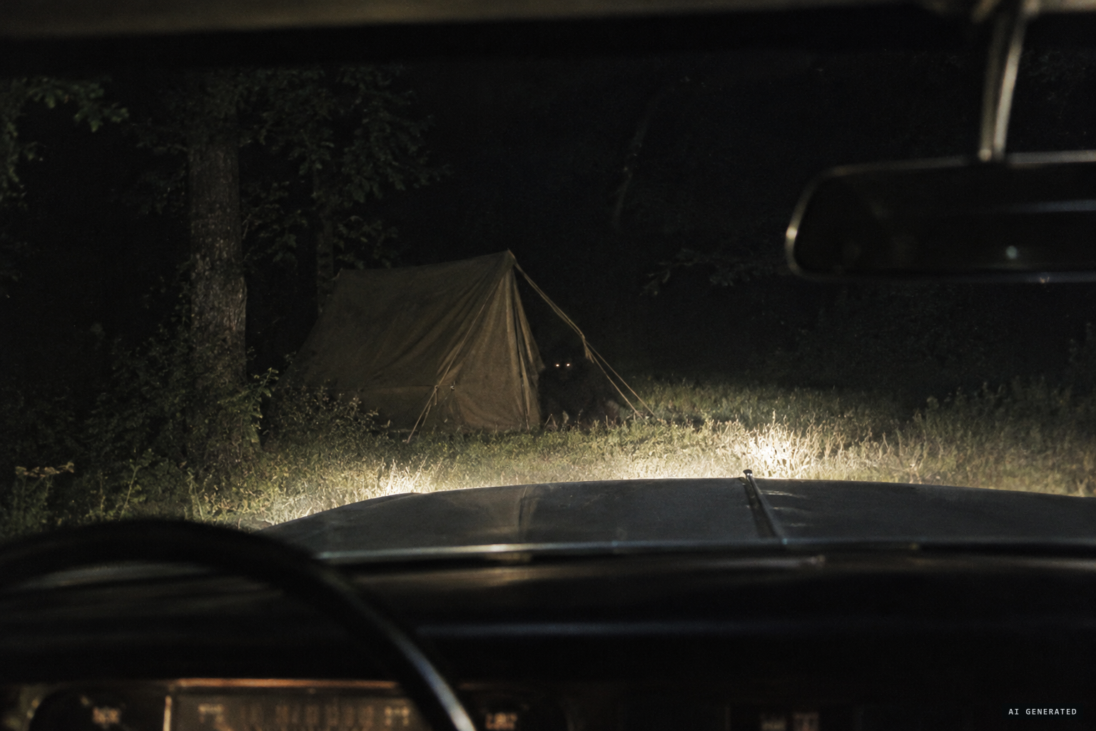 In the headlights, a creature squatting by the tent with widely separated glowing eyes