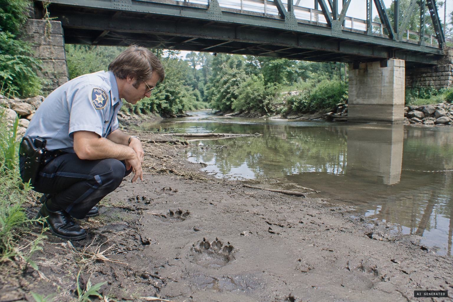 Officer Wilson examines tracks at Willis Bridge