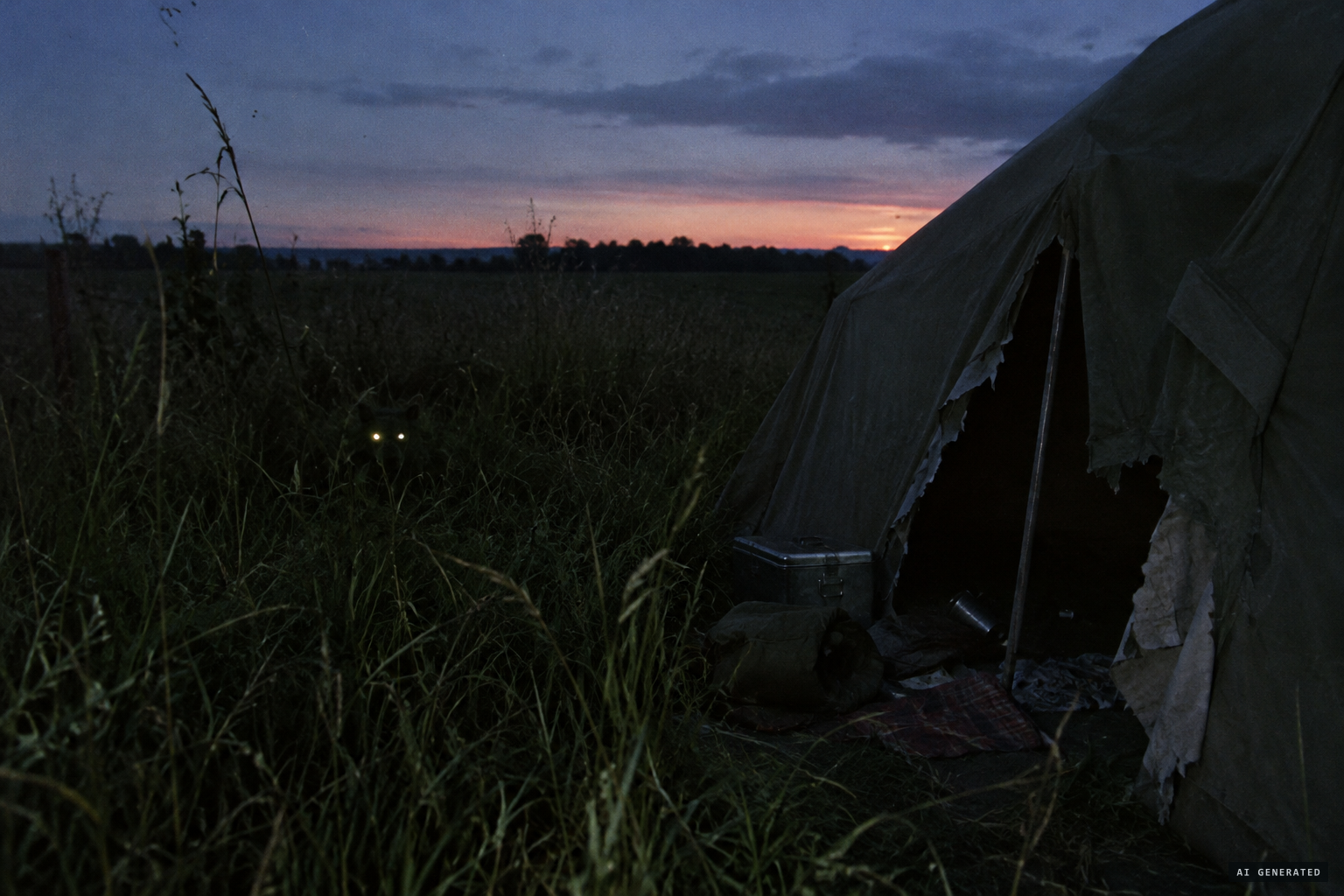Two bright eyes in the grass and a tent torn open before dawn