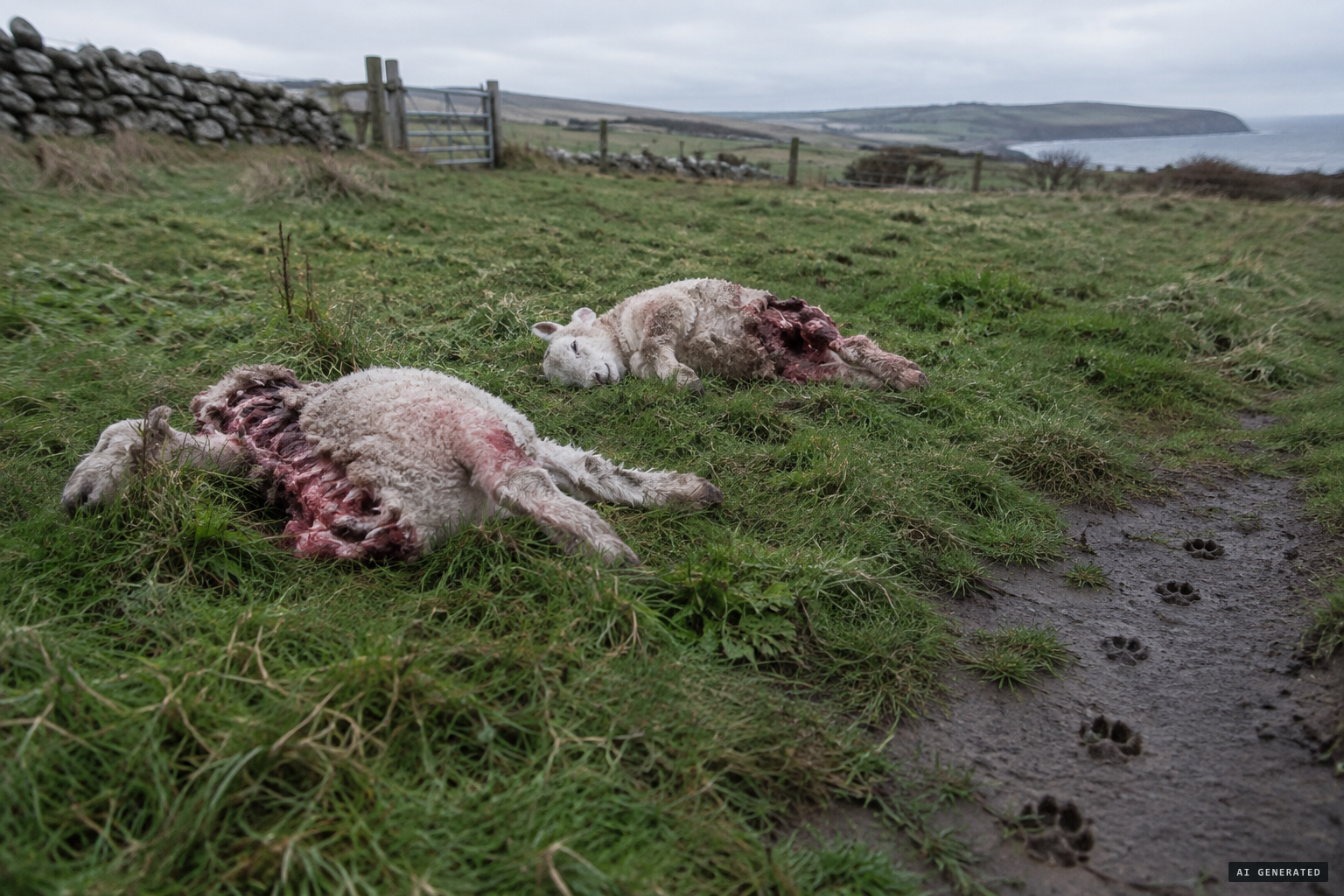Two lambs torn at the throat, with cat tracks nearby