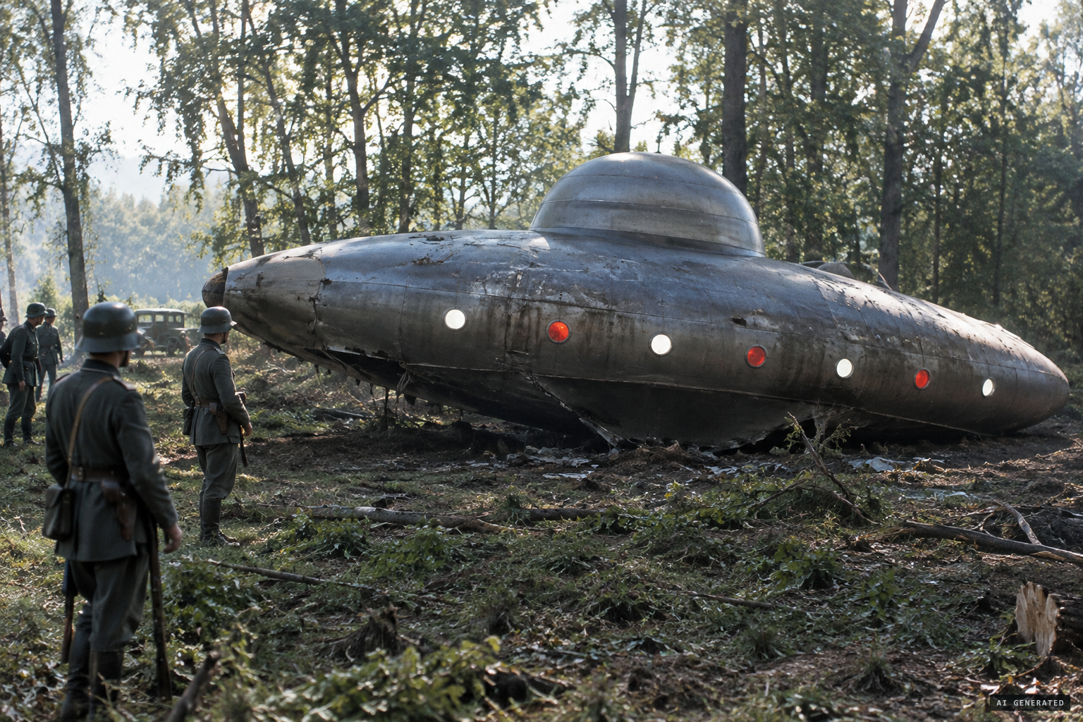 The grey cigar-shaped craft with its bell-shaped dome and glowing portholes