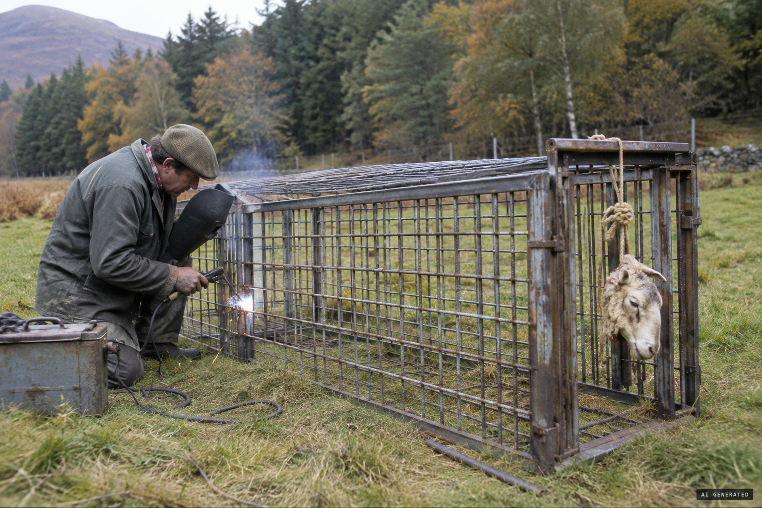 The farmer builds a steel cage trap, baited with meat