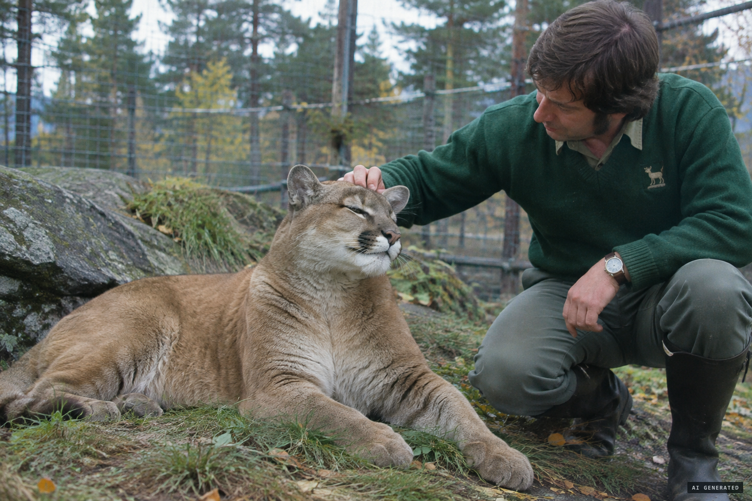 The tame, overweight puma lets experts pet her behind her ears