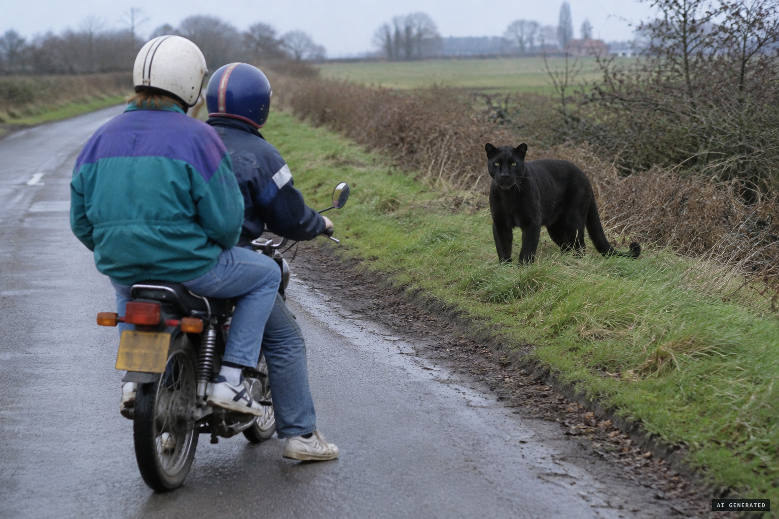 A big black panther looking right at two teenagers on a fen road near Rampton