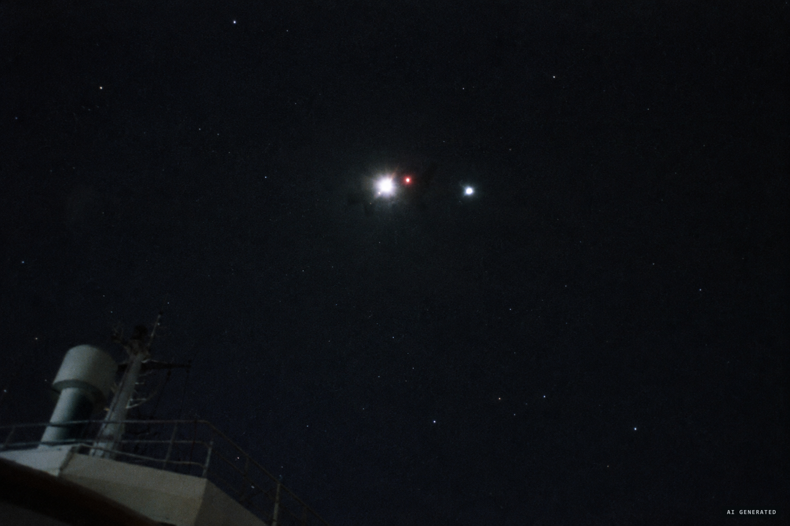 Overhead, a silent silhouette with an intense white light, a red light and a separate white light
