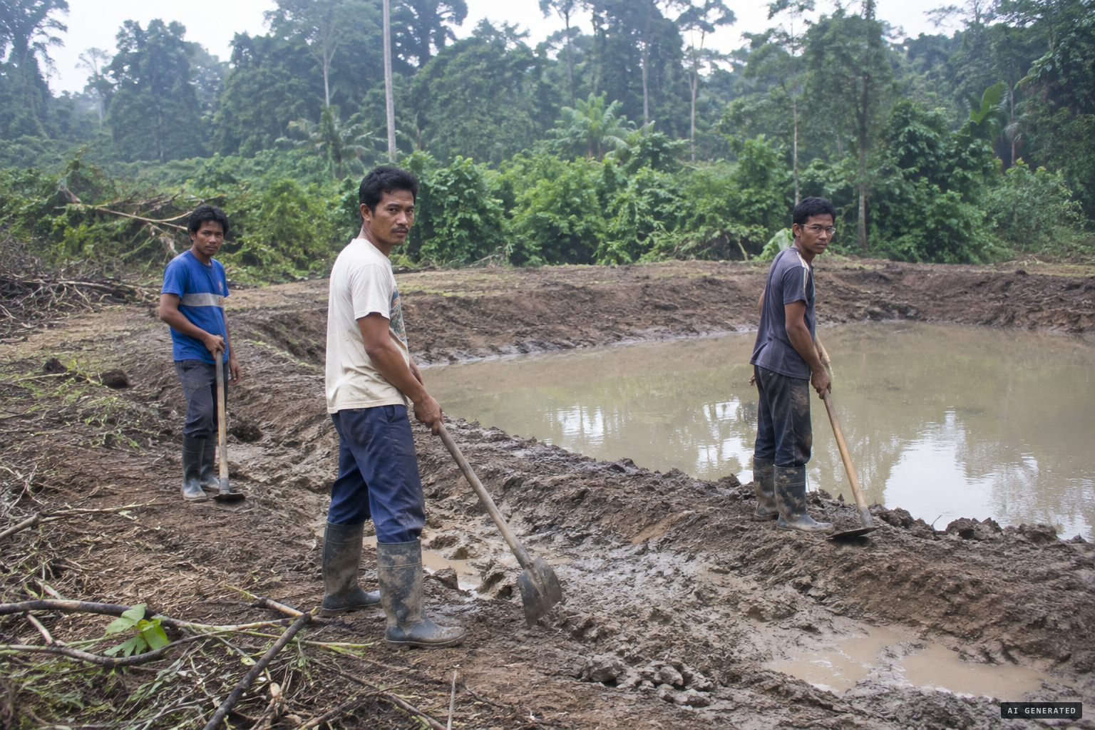 Three workers clearing ground for a fish pond at the forest's edge