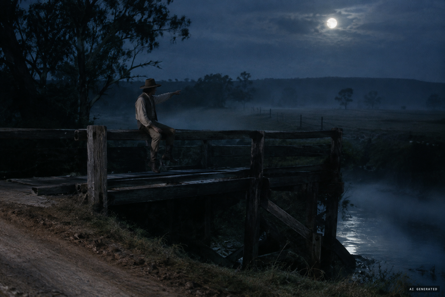 The figure of Fisher sits on the bridge rail and points to a paddock beyond the creek