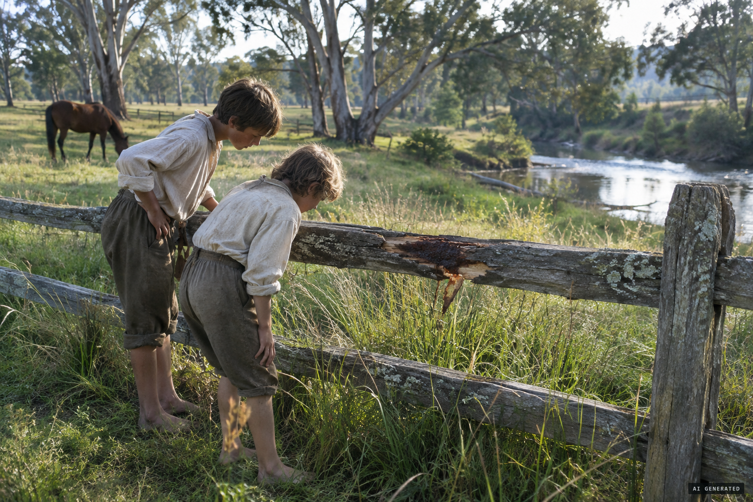 Boys find blood on the fence rail between the Fisher and Worrall properties
