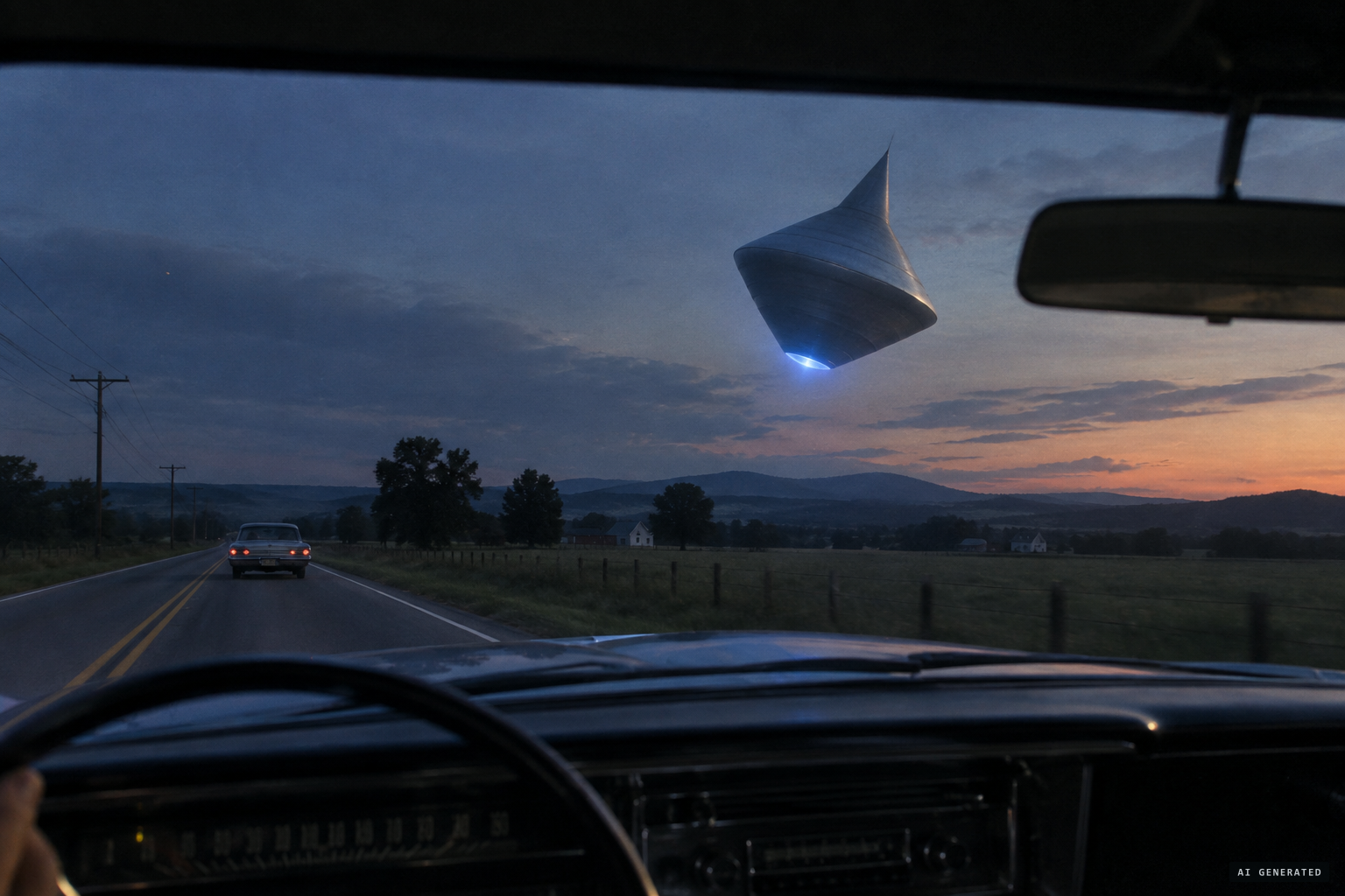A huge metallic cone, like an upside-down spinning top, descends with a bluish glow beneath