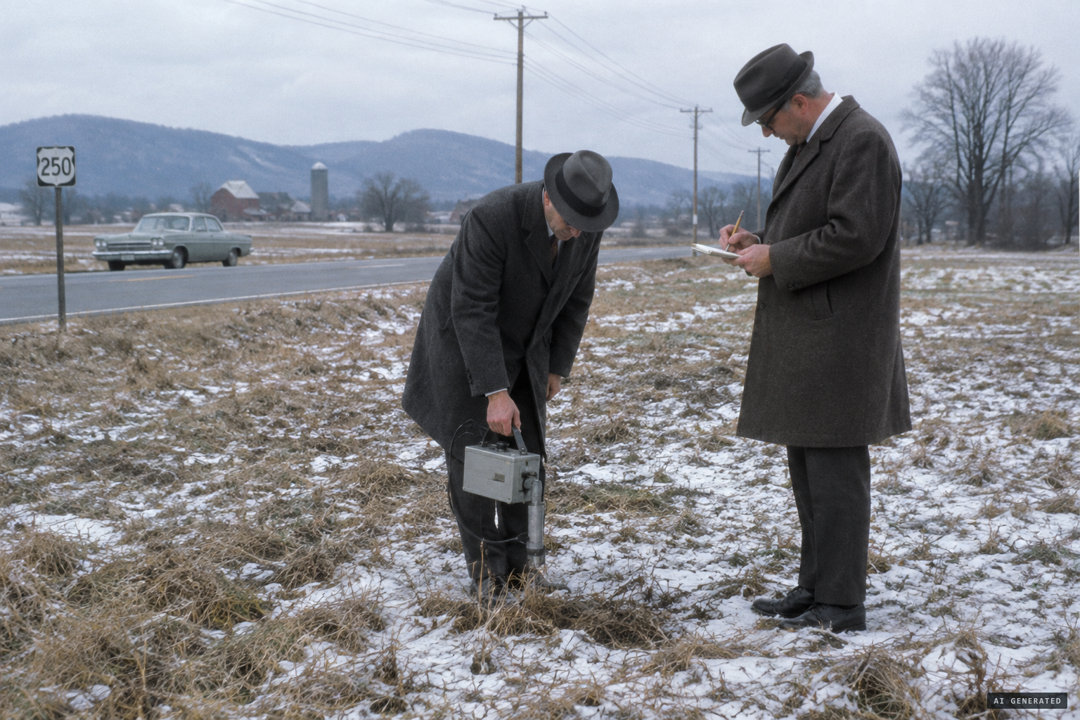 Ernest Gehman takes Geiger counter readings at the landing site nine days later