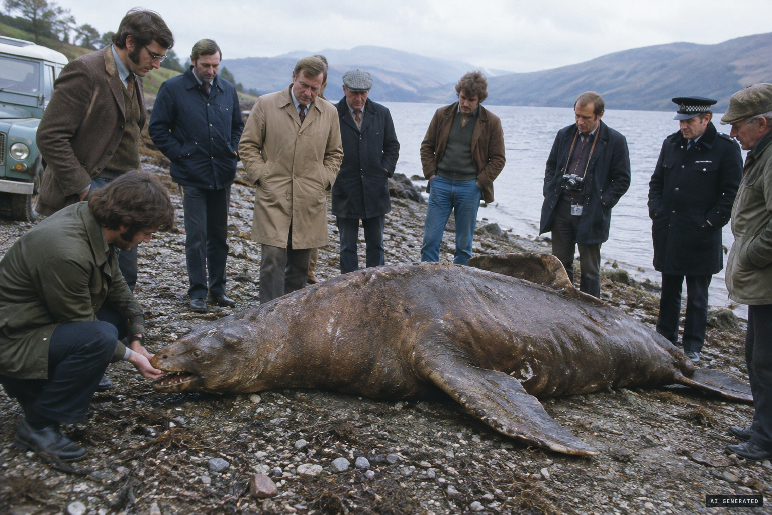 Witnesses examine the 'bear-headed' creature; one feels its teeth