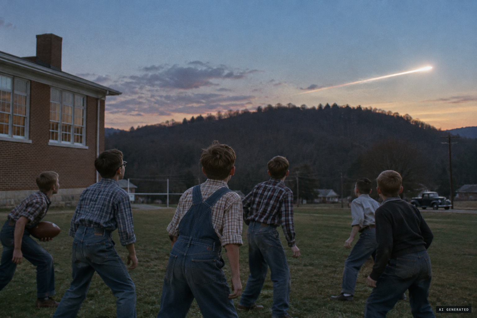 A bright light crosses the sky over the schoolyard