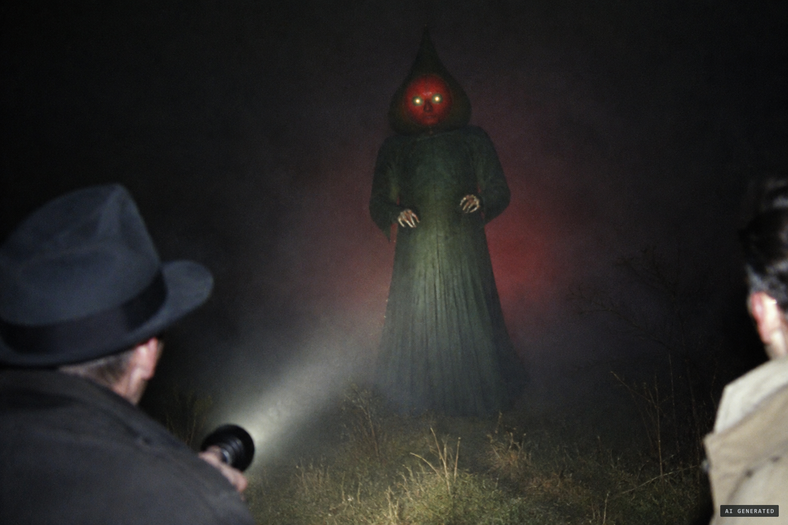 In the flashlight beam stands a ten-foot figure with a hooded red face