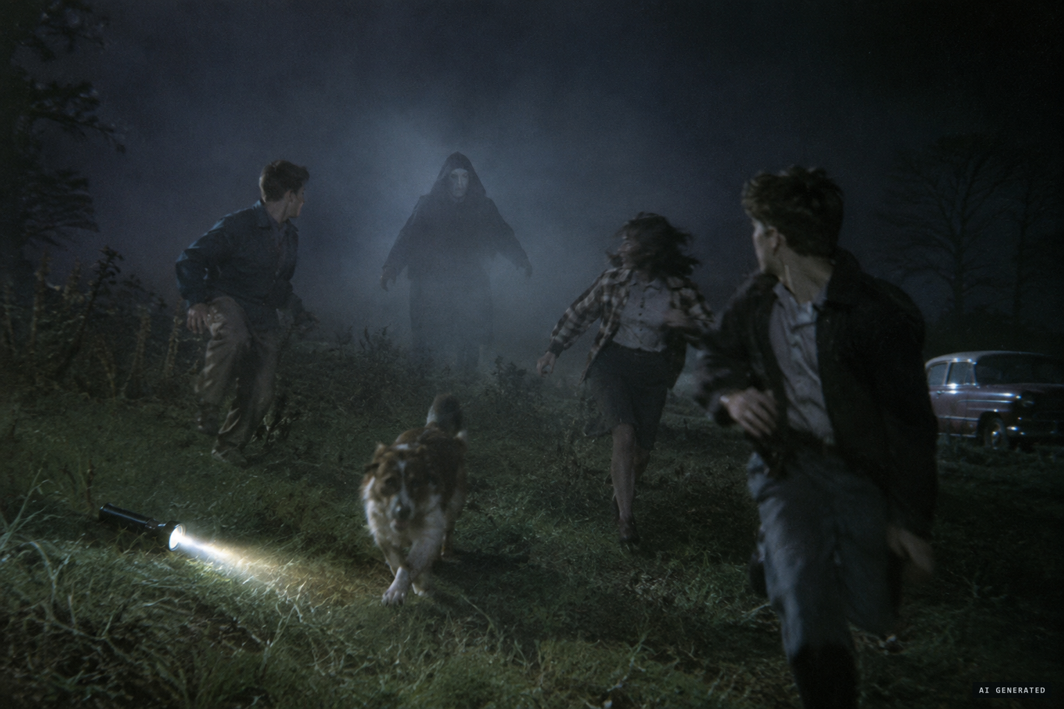 The figure hisses and glides forward; everyone flees