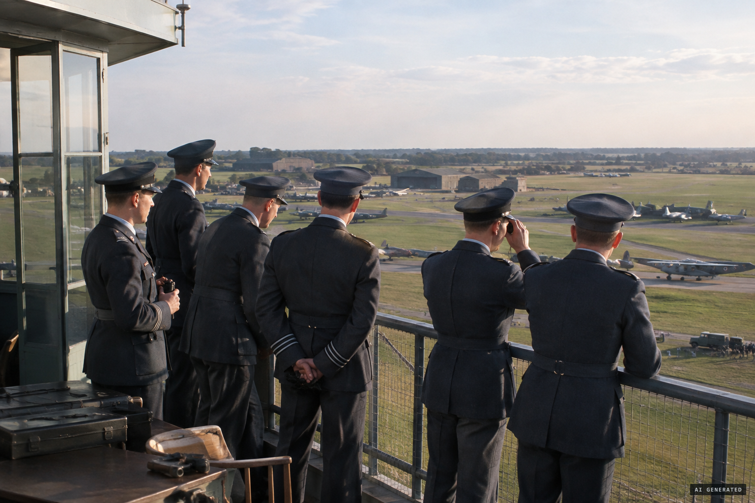 Hubbard and five officers on the watch-tower, waiting for the P.1081 display