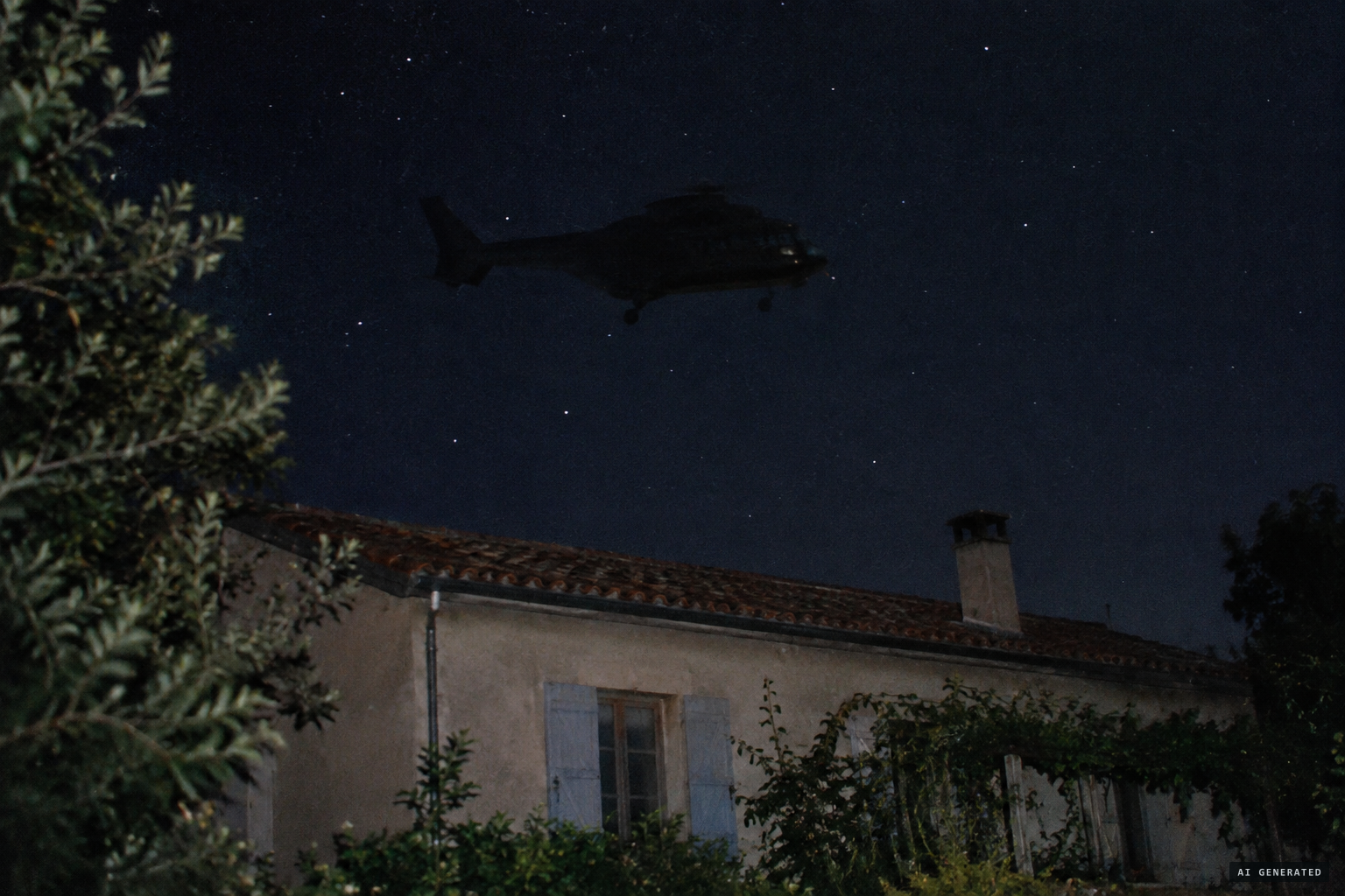 A large dark object hangs silent and stationary above the house
