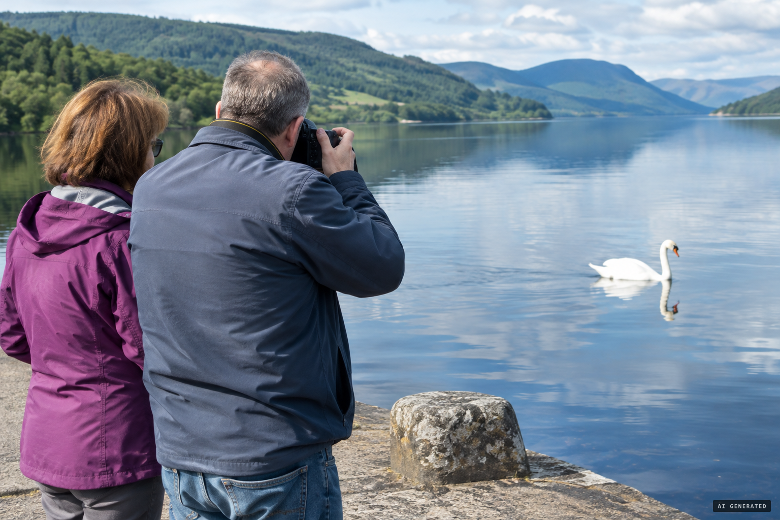 Elder photographs a swan on the still, empty loch