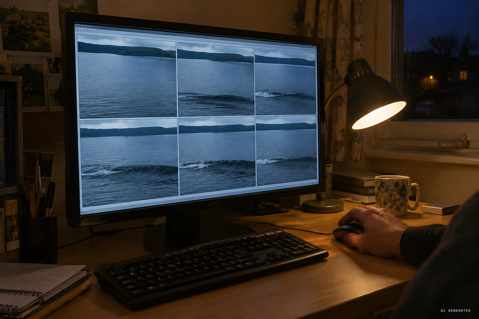 Frames studied: a single dark wave crossing calm water, no boat in shot