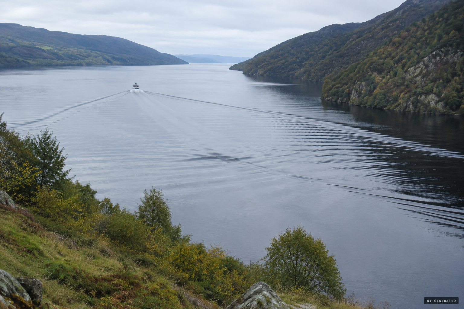Boat wakes reflecting off steep shores and crossing one another