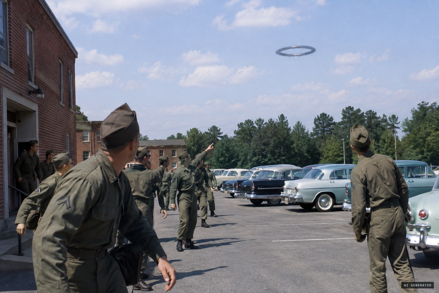 Men come out of the buildings to see a dark ring approaching from the north
