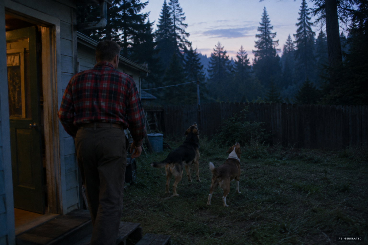 Hatfield steps outside at 5:30 in the evening as the dogs bark
