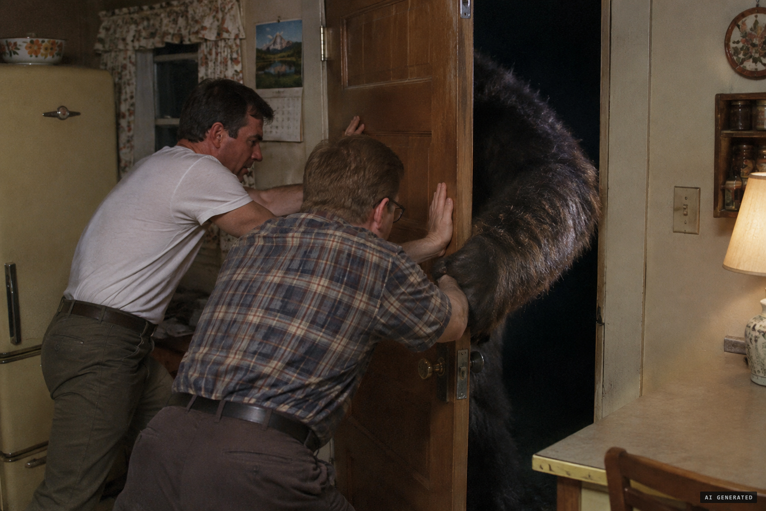 The creature throws its weight against the door