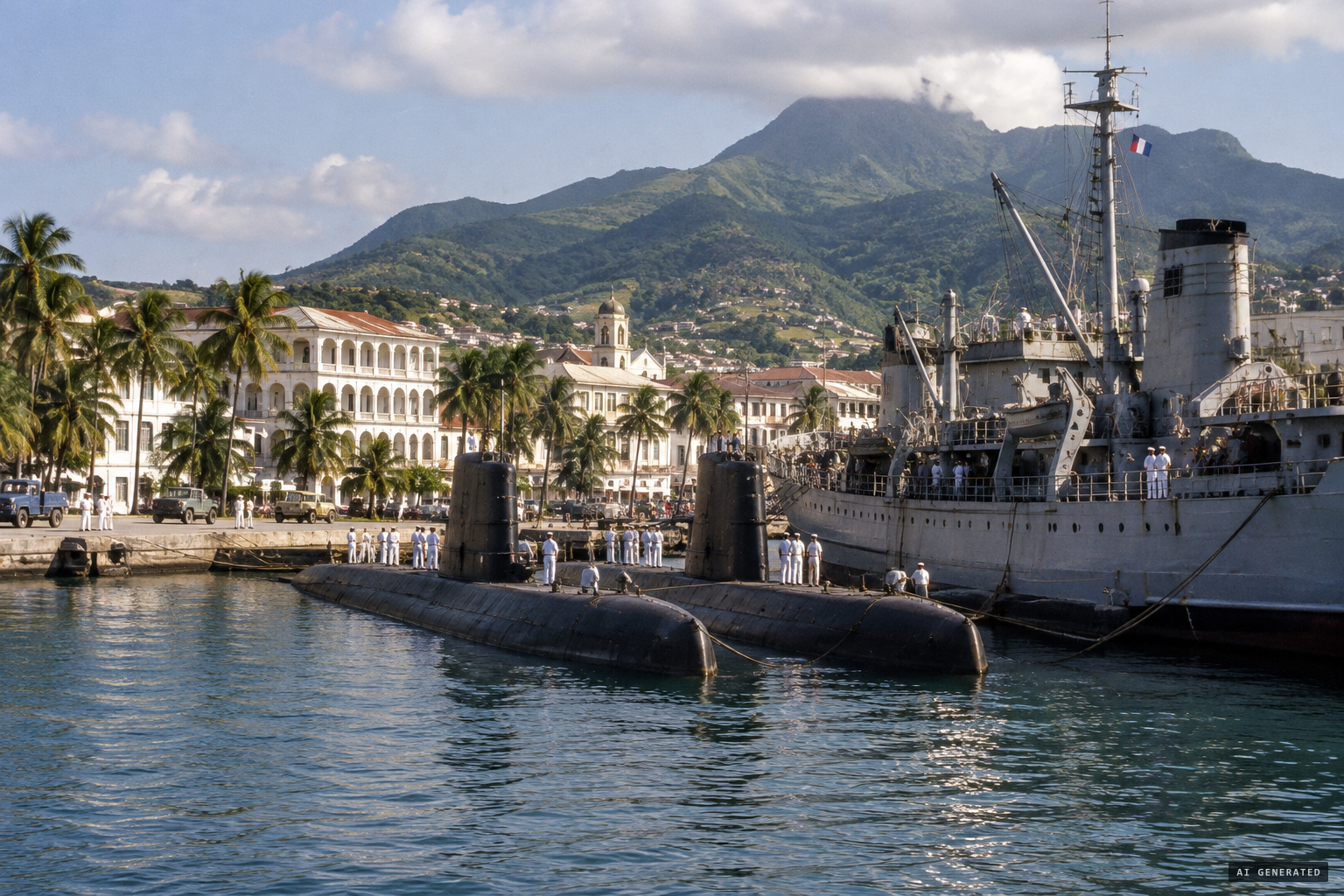 The submarines Junon and Daphné with the support ship Rhône at Fort-de-France