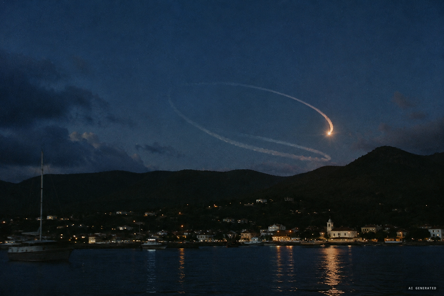 The object loops down toward the hills, leaving a wide trail