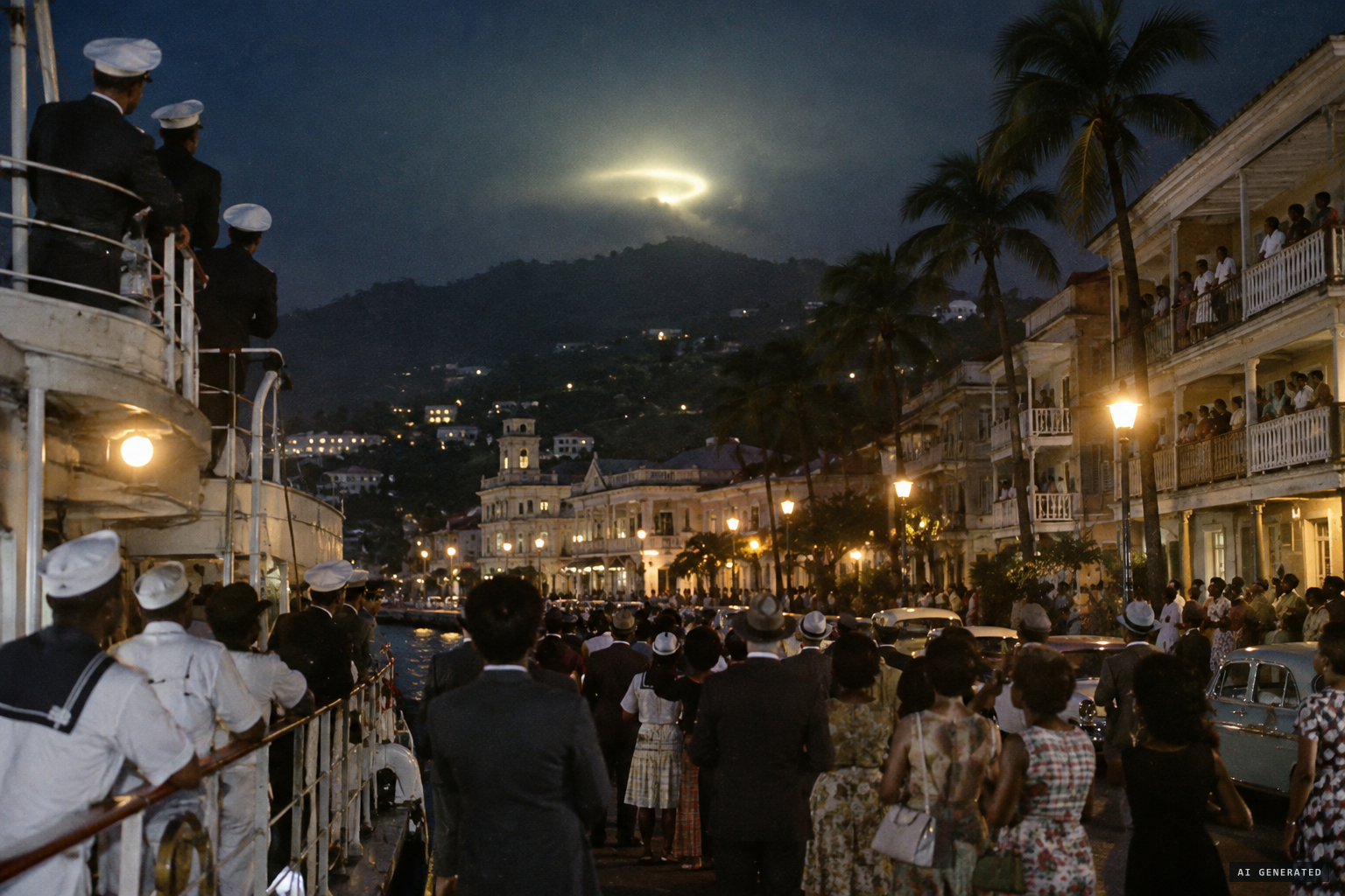 Sailors, officers and townspeople watch — perhaps hundreds of witnesses