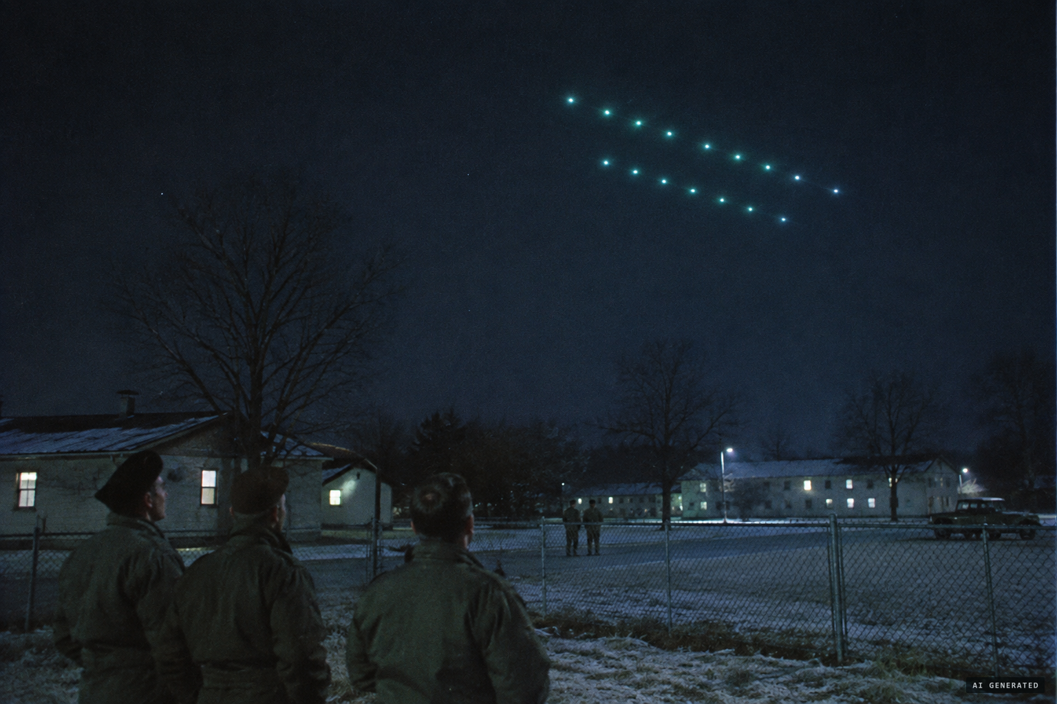 Bluish-green lights fly in tight formation over the base