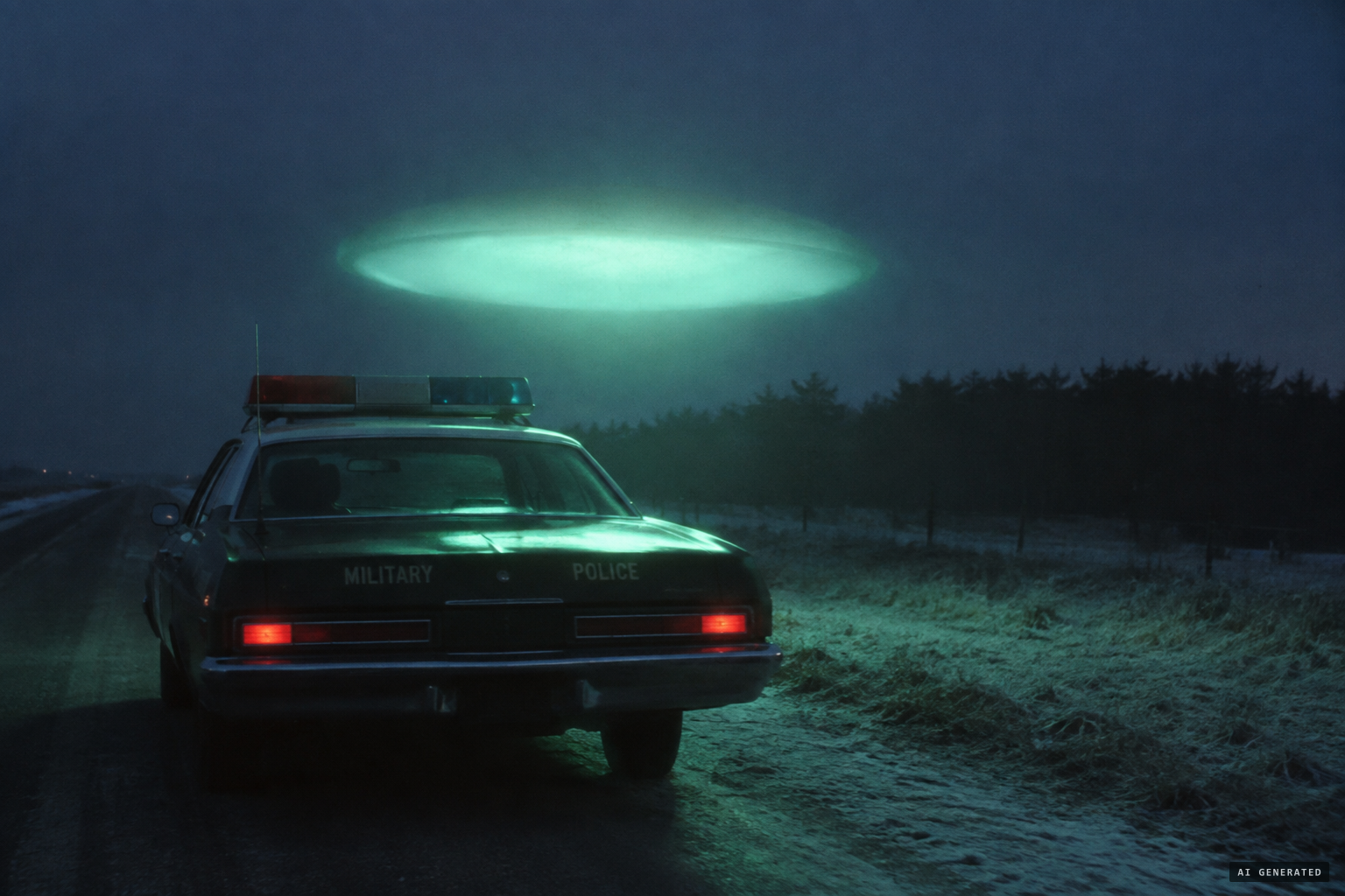 The glowing oval object hovers over the MP's patrol car