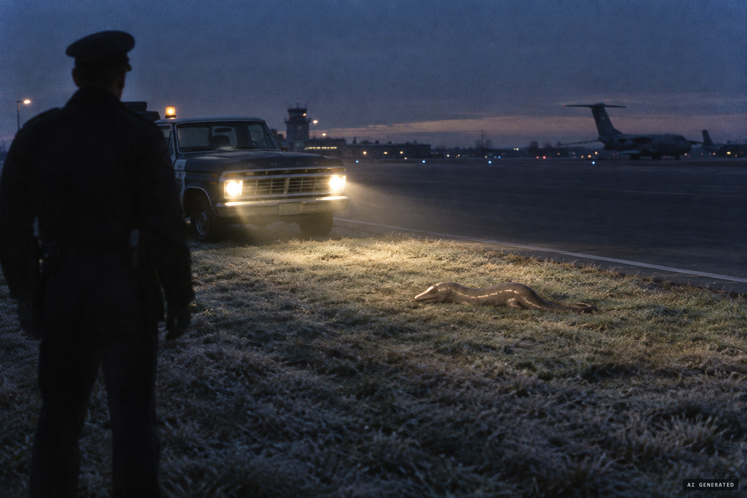 The dead being lies by the runway under truck headlights